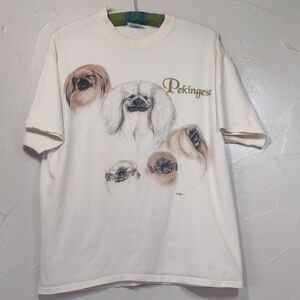 90s Hanes Heavyweight Pekingese Dog Graphic T-Shirt - Cream L (42-44)